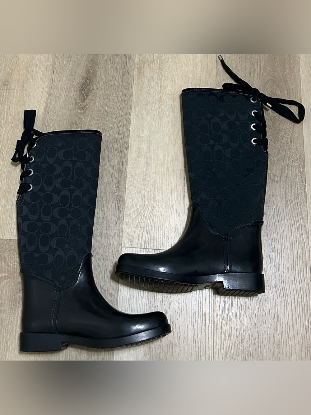 Coach Black Lace-Up Signature Rain Boots